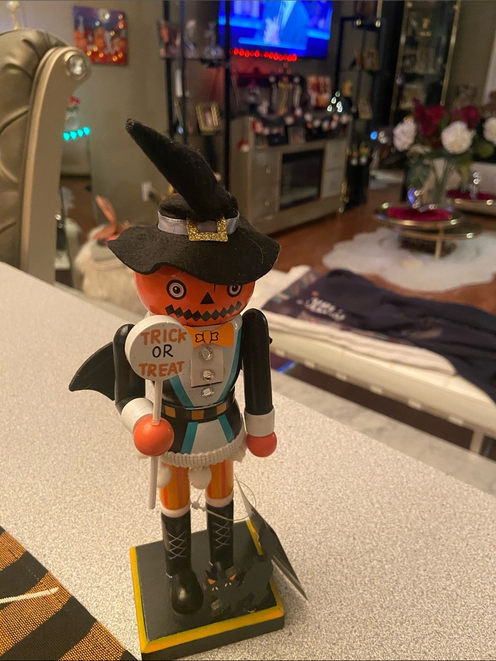 Halloween Pumpkin Witch Nutcracker Figurine in Orange, Black and White